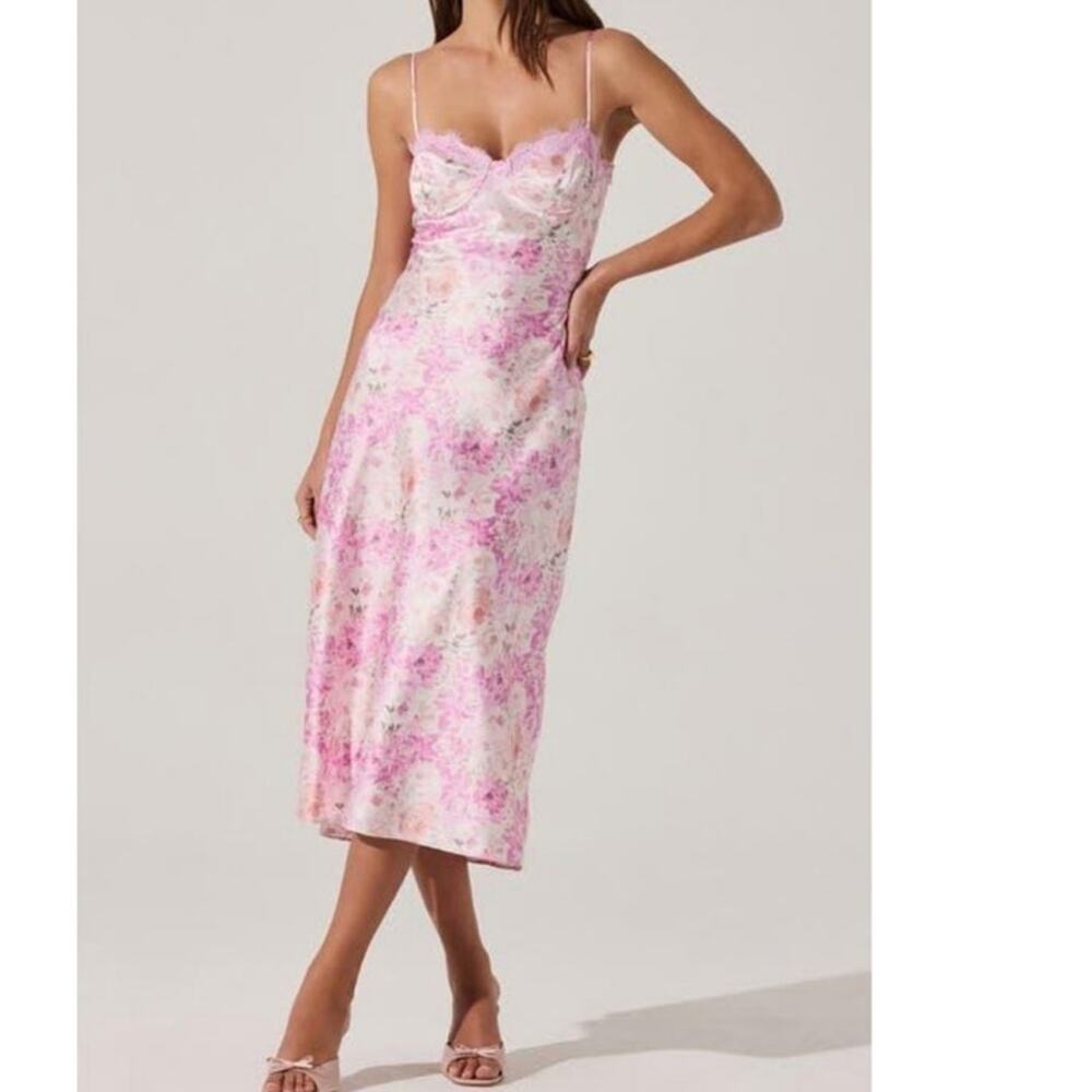 Astr the label lace satin floral pink white slip midi dress size large
